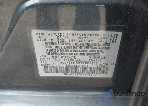 2015 Nissan Sentra Sl из США, поврежденный, VIN 3N1AB7AP0FY345100